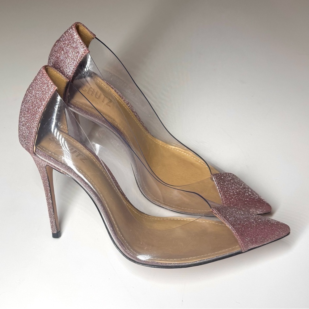 Schutz Women’s Cendi Transparent Pump In Pink Rose Glitter Size- 9B - Picture 5 of 12